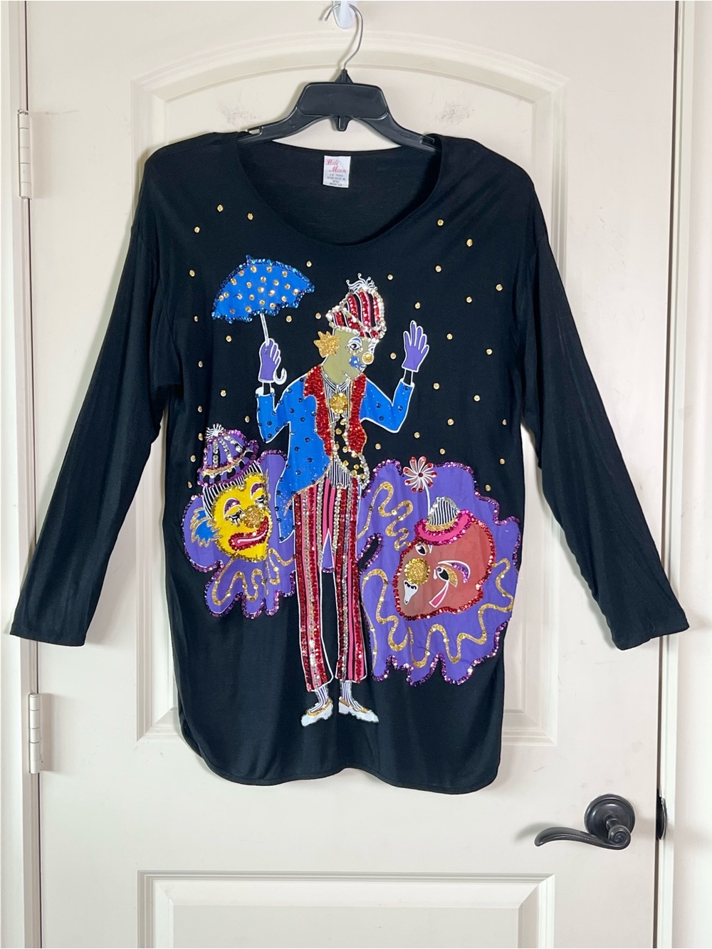 Vintage Bali Moon Sequin Clown Shirt Rayon Long Sleeve Black Shoulder Pads L